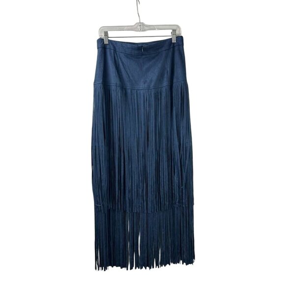 Adore Women's Size Medium Navy Blue Suede Maxi Two-tiered Fringe Skirt - Picture 2 of 14